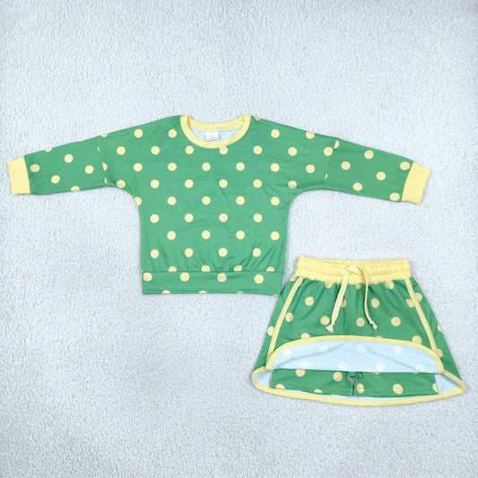 GLD1764 Dots Green Long Sleeves Girls Skorts Set