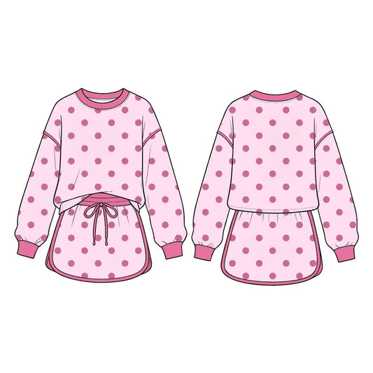 Preorder MOQ 5 pcs GLD1765 Dots Pink Long Sleeves Girls Skorts Set