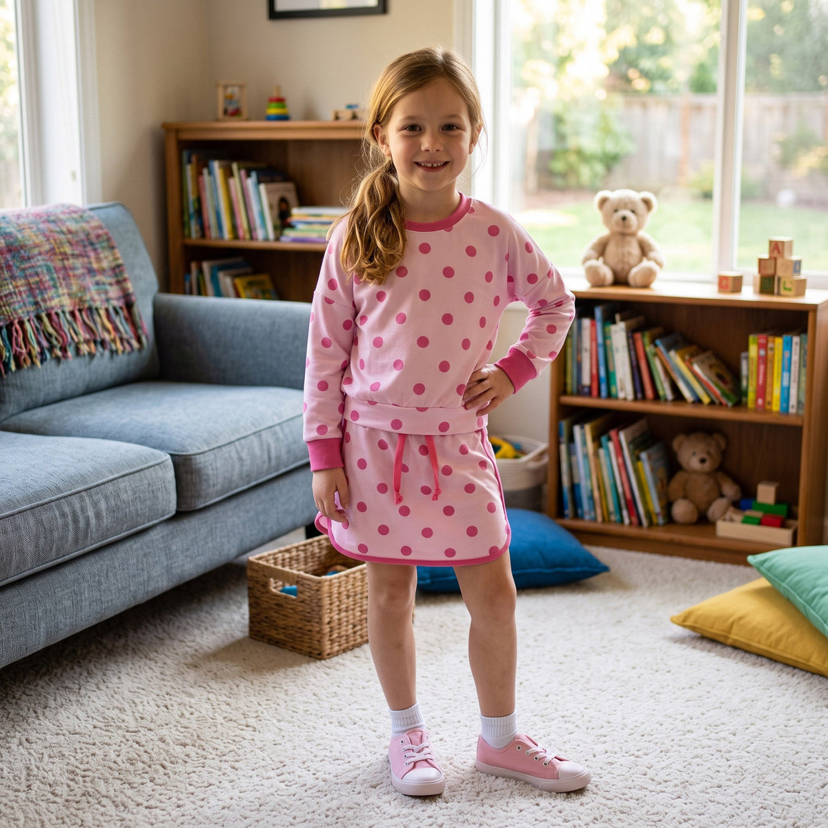 GLD1765 Dots Pink Long Sleeves Girls Skorts Set