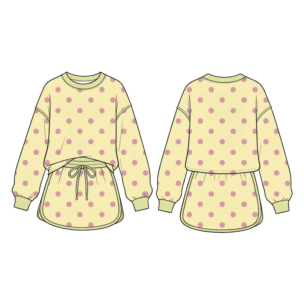Preorder MOQ 5 pcs GLD1766 Dots Yellow Long Sleeves Girls Skorts Set