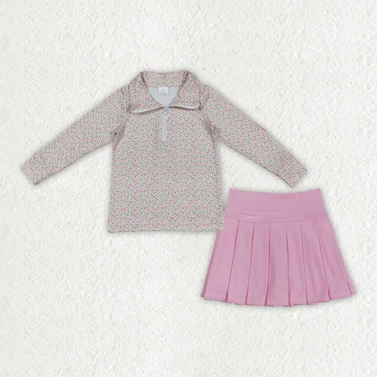GLD1814 Floral Zipper Pullover Pink Pleated Yoga Girls Skorts Set 202609 RTS