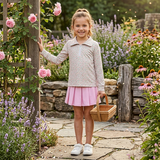 GLD1814 Floral Zipper Pullover Pink Pleated Yoga Girls Skorts Set 202609 RTS