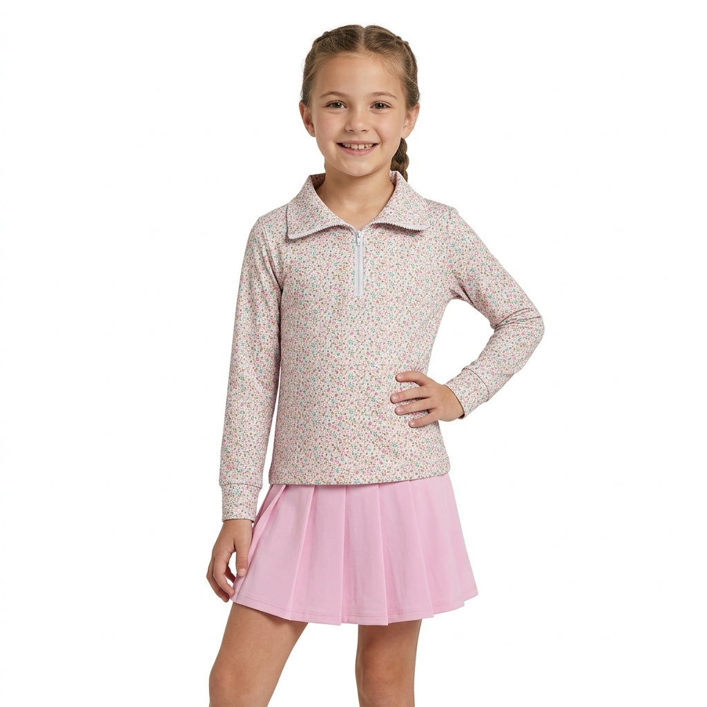 GLD1814 Floral Zipper Pullover Pink Pleated Yoga Girls Skorts Set 202609 RTS