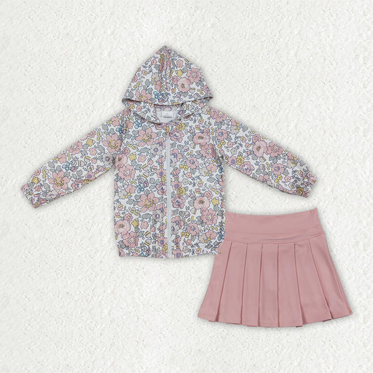 GLD1815 Floral Hoodie Zipper Pink Pleated Yoga Girls Skorts Set 202609 RTS