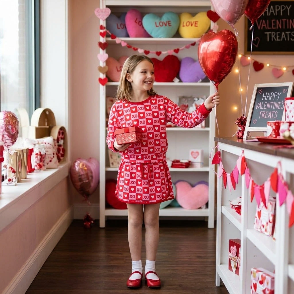 GLD1826 Valentine's Day Love Plaid Red Girls Skorts Set