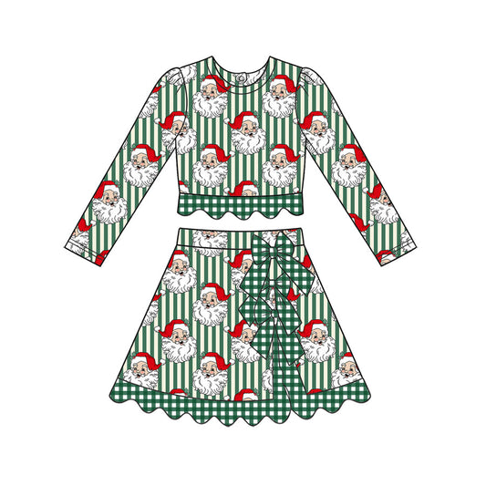 Preorder MOQ 5 pcs GLD1735 Christmas Santa Stripe Bows Scallop Edge Yoga Girls Skorts Set