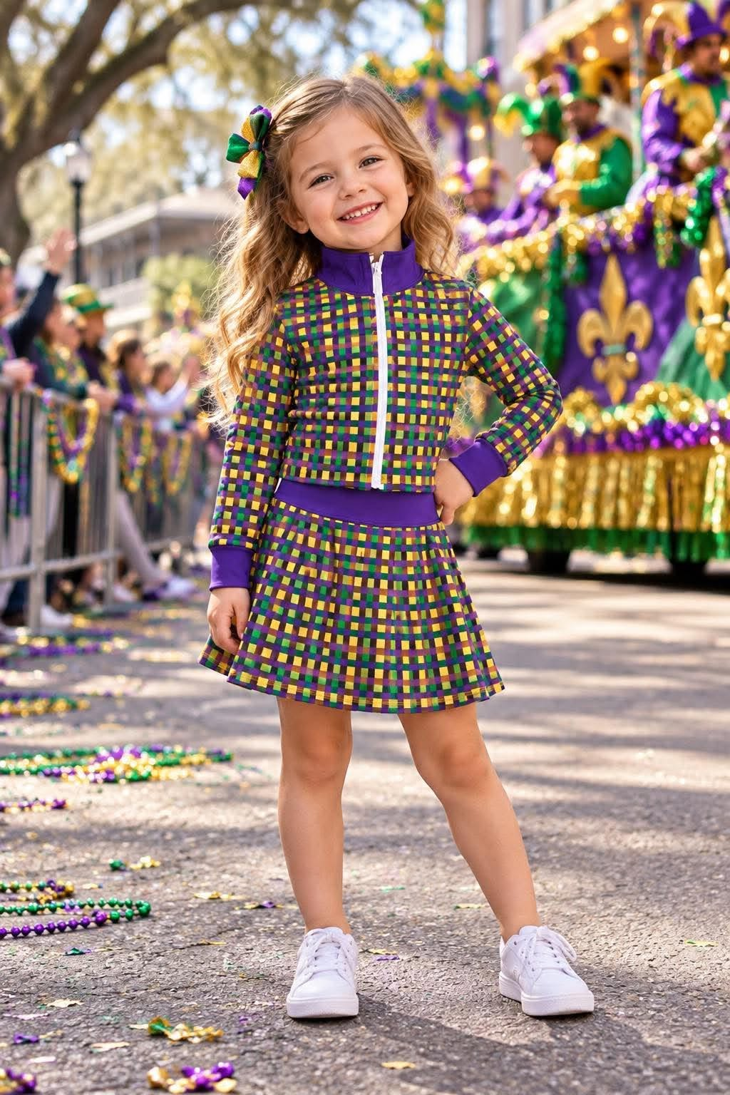 Preorder MOQ 5 pcs GLD1831 Mardi Gras Plaid Zipper Yoga Girls Skorts Set