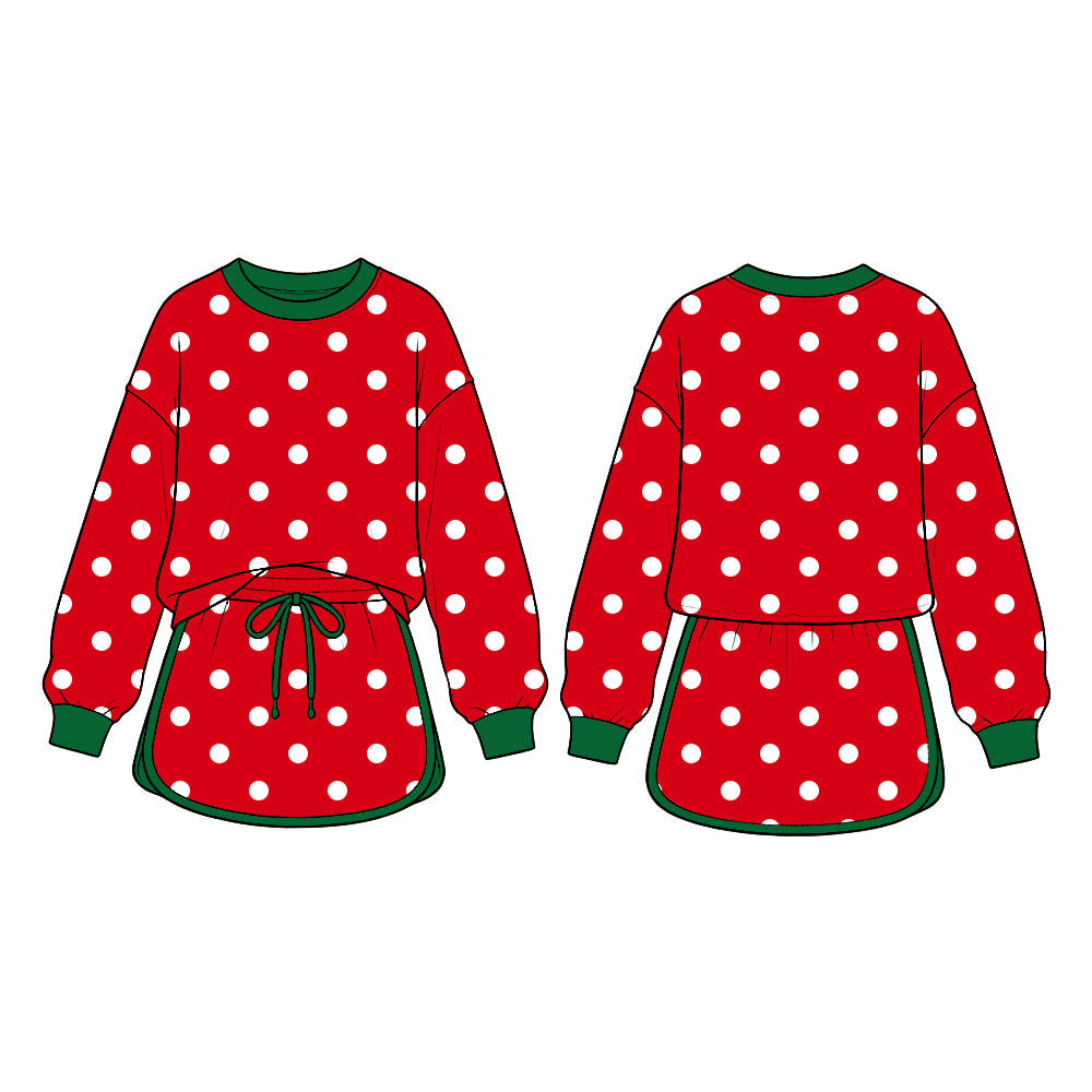Preorder MOQ 5 pcs GLD1832 Christmas Dots Red Long Sleeves Girls Skorts Set