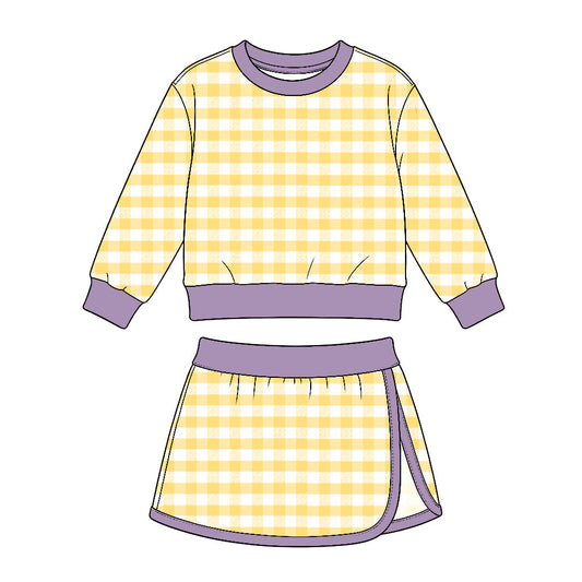 Preorder MOQ 5 pcs GLD1835 Solid Color Purple Yellow Plaid Yoga Girls Skorts Set