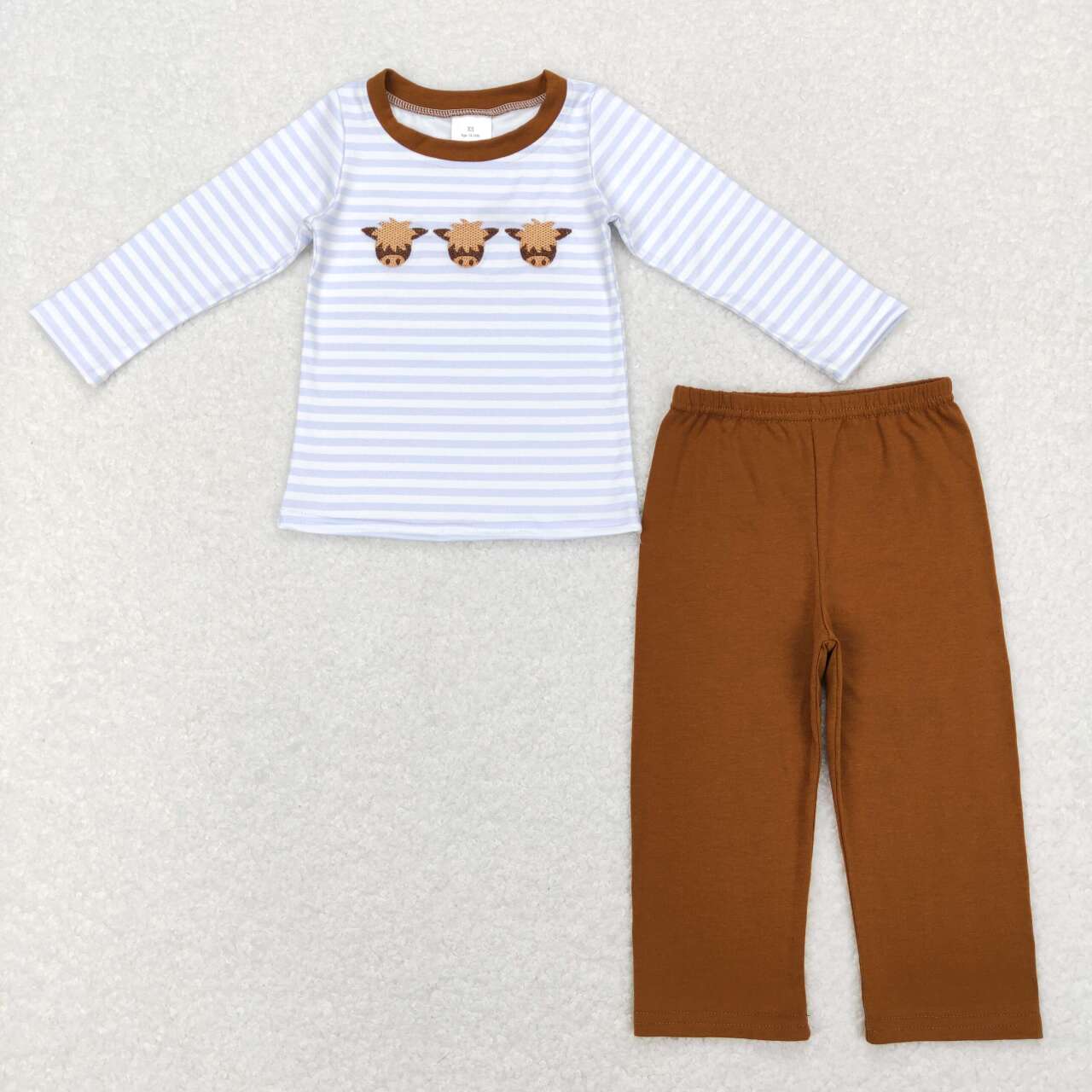 BLP0377 Highland Cow brown Embroidery Boys Long Sleeve Pants Outfits