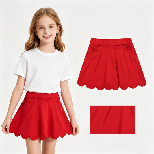 GLK0235 Solid Red Ruffle Girls Yoga Skirts with Pocket 202605 RTS