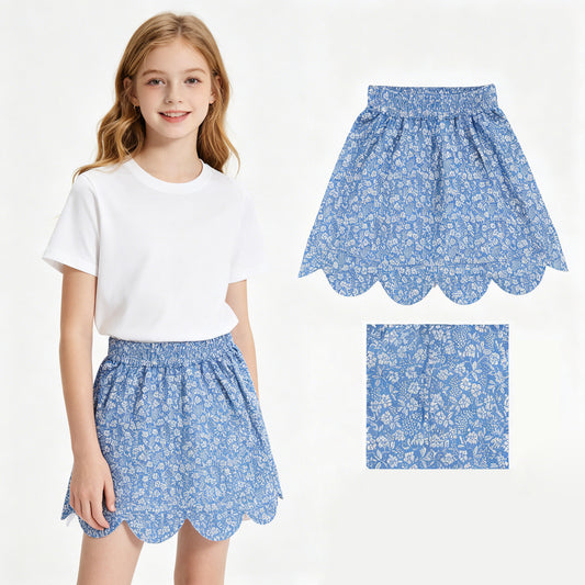 GLK0239 Milk Silk Floral Blue Ruffle Shorts Skirts for Girls 202605 RTS