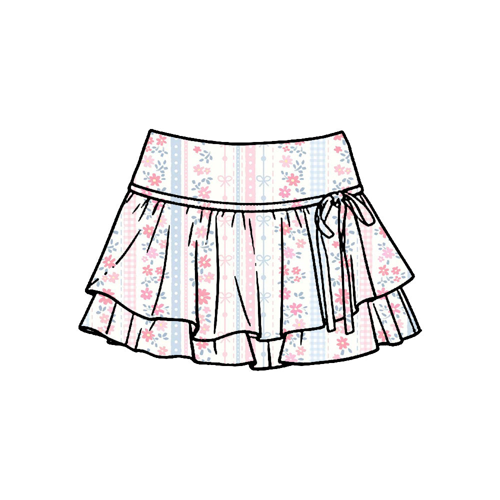 MOQ 5 PCS preorder GLK0241 Pink Blue Floral Plaid Polka Dot Bow Ruffle Shorts Skirts Girls Yoga Skirts 202601
