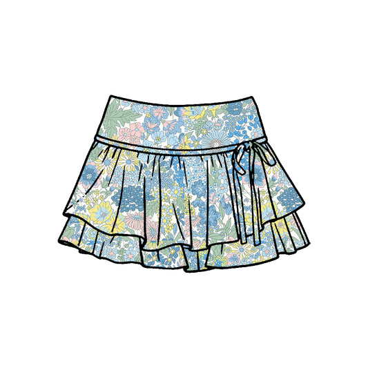 MOQ 5 PCS preorder GLK0244 Blue Green Flower Leaf Ruffle Shorts Skirts Girls Yoga Skirts 202601