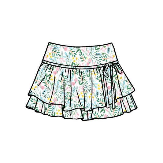 MOQ 5 PCS preorder GLK0247 Pink Green Flower Leaf Ruffle Shorts Skirts Girls Yoga Skirts 202601