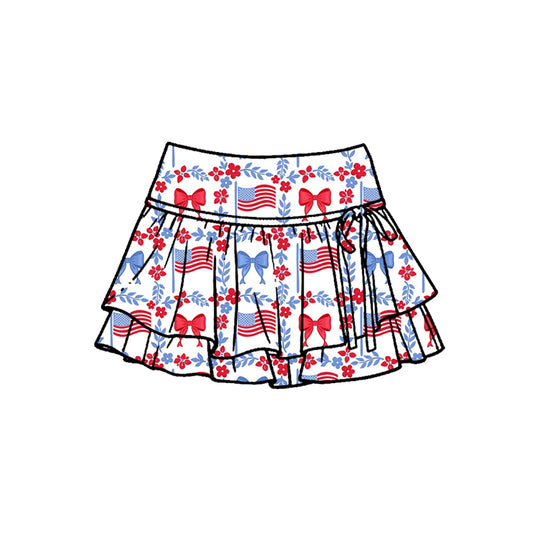 MOQ 5 PCS preorder GLK0257 4th of July USA Flower Leaf Bows Flag Ruffle Shorts Skirts Girls Yoga Skirts 202601