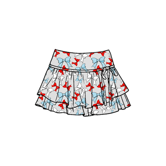 MOQ 5 PCS preorder GLK0262 4th of July Red Blue Bows Gray Ruffle Shorts Skirts Girls Yoga Skirts 202601
