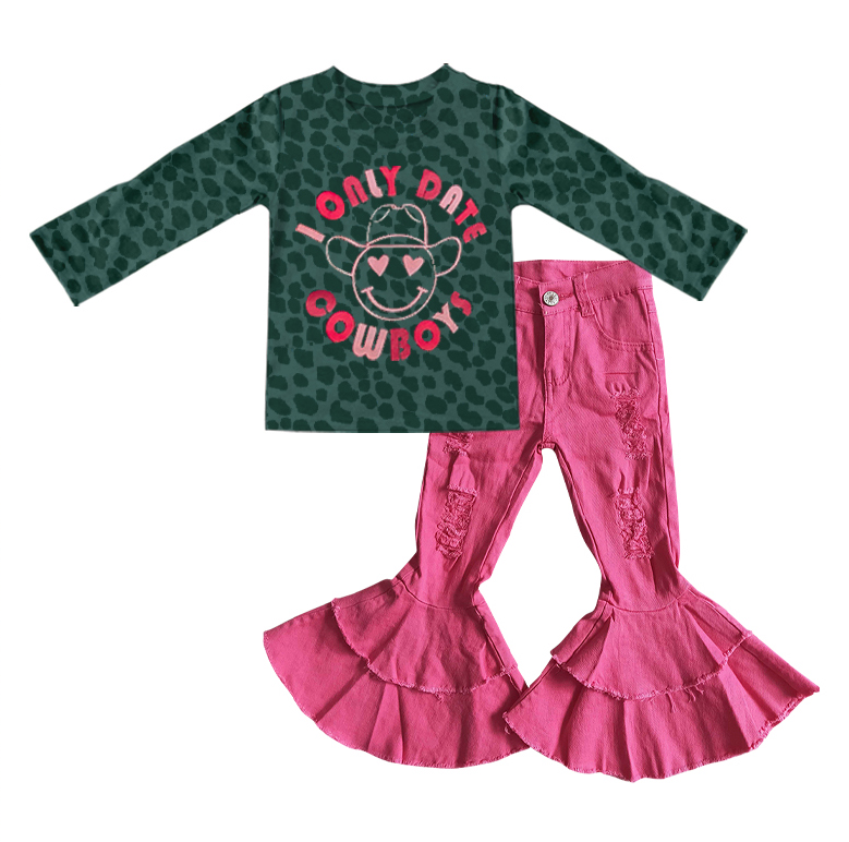 GLP0445 2Pcs GT0201 Green Leopard Smile I Only Date Cowboys Pink Denim Girls Long Sleeve Bell Bottom Pants Outfits