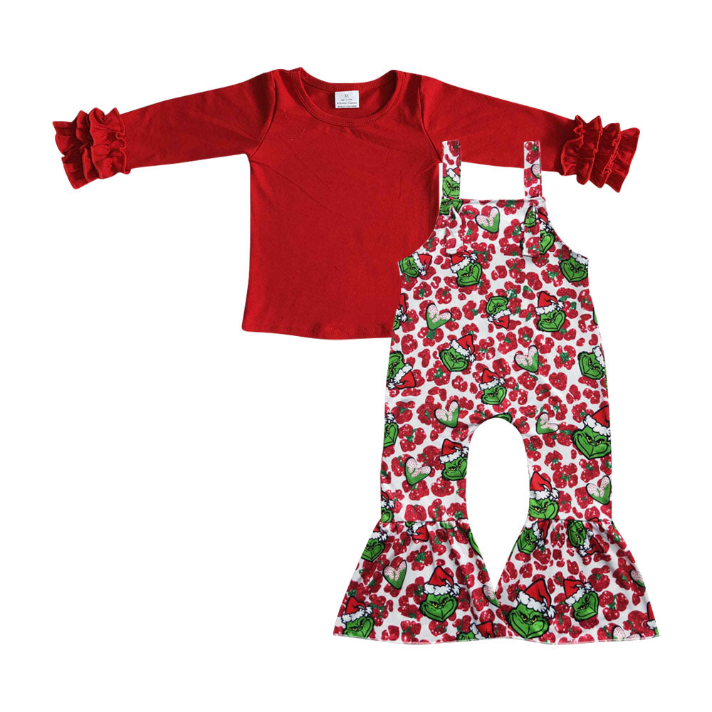 GLP0462 Christmas Green Red Leopard Cartoon Overalls Girls Long Sleeve Bell Bottom Pants Outfits