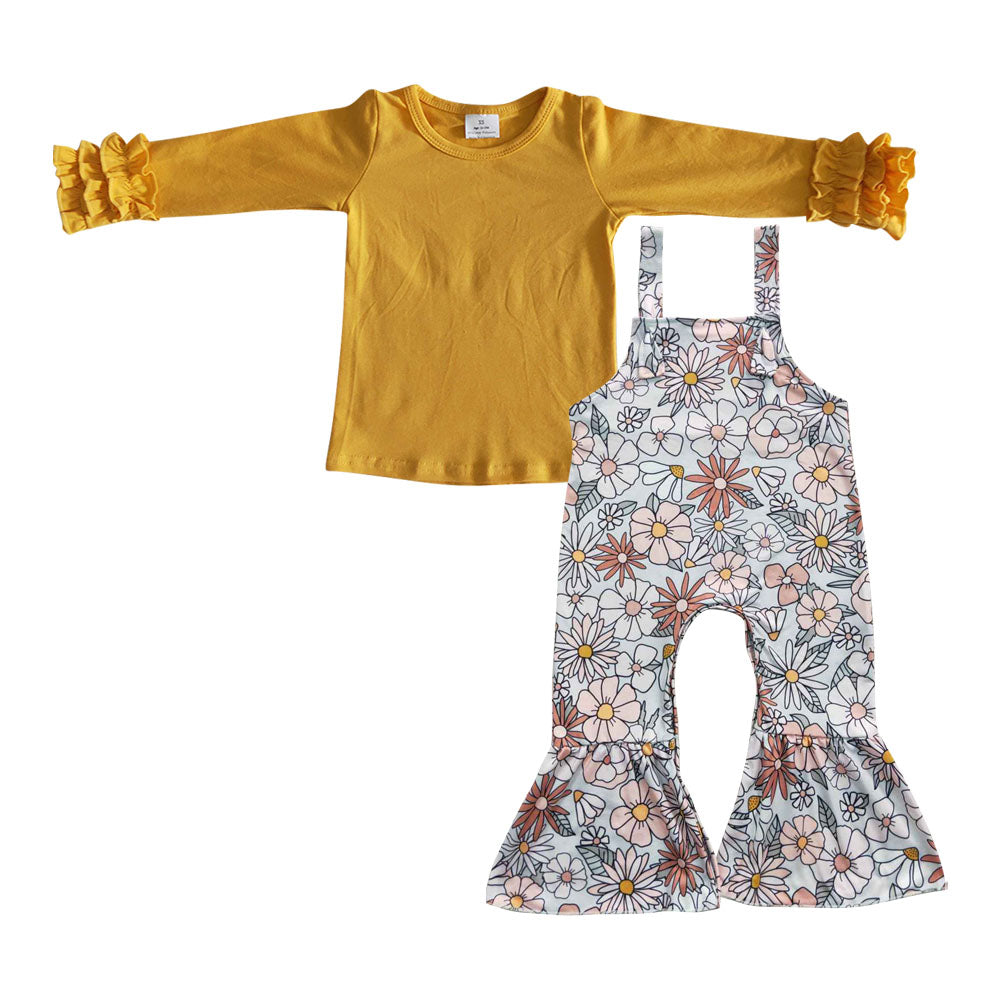 GLP0463 Yellow Floral Flower Overalls Girls Long Sleeve Bell Bottom Pants Outfits