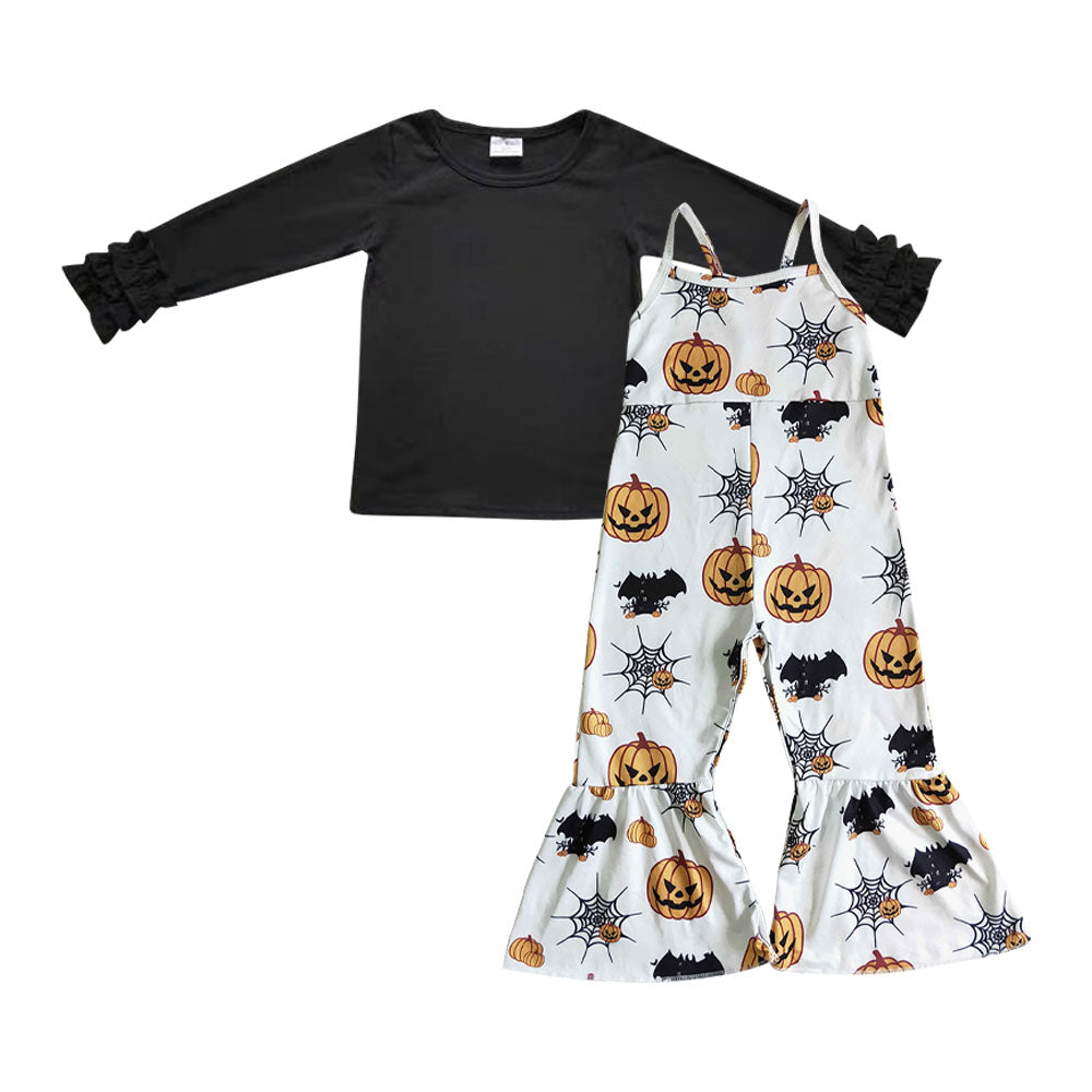 GLP0464 Halloween Pumpkin Blue Overalls Girls Long Sleeve Bell Bottom Pants Outfits