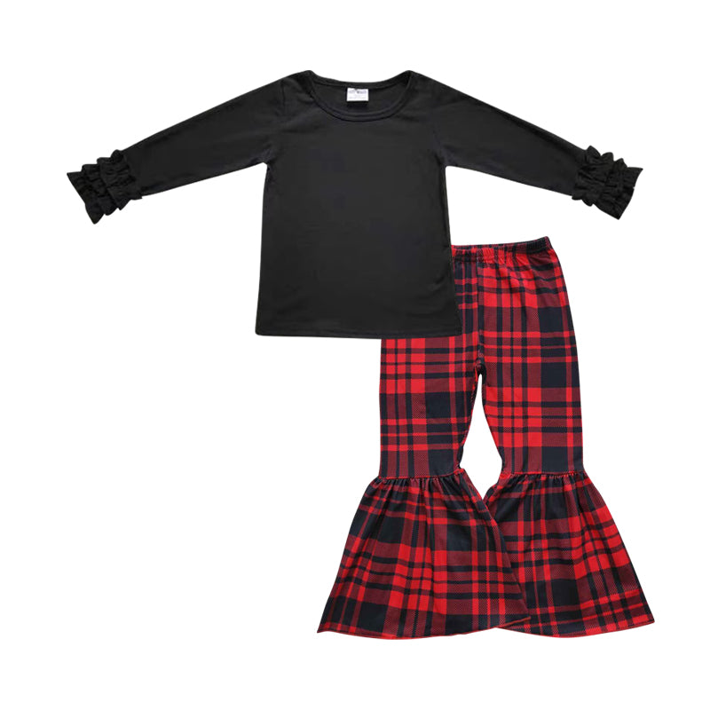 GLPO476 2Pcs Black Red Plaid Top Girls Long Sleeve Pants Outfits