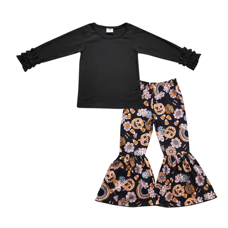 GLPO478 2Pcs Halloween Pumpkin Black Top Girls Long Sleeve Pants Outfits