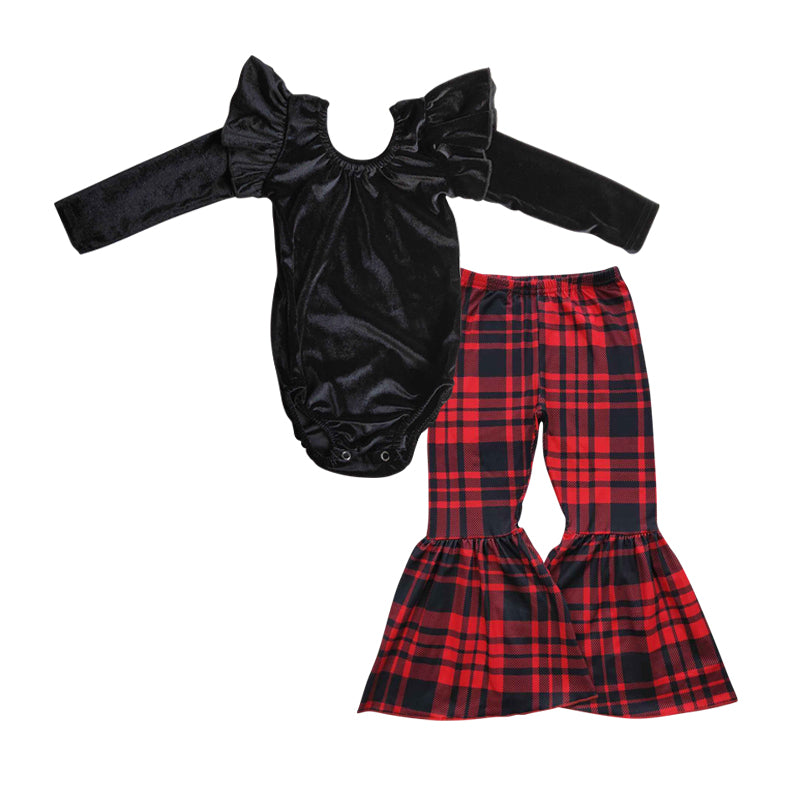 GLPO480 2Pcs Black Velvet Romper Plaid Girls Long Sleeve Pants Outfits