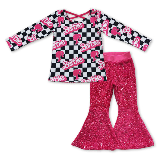 2pcs GLPO0922 Pink B Cartoon Pink Sequin Girls Short Sleeve Bell Bottom Pants Outfits