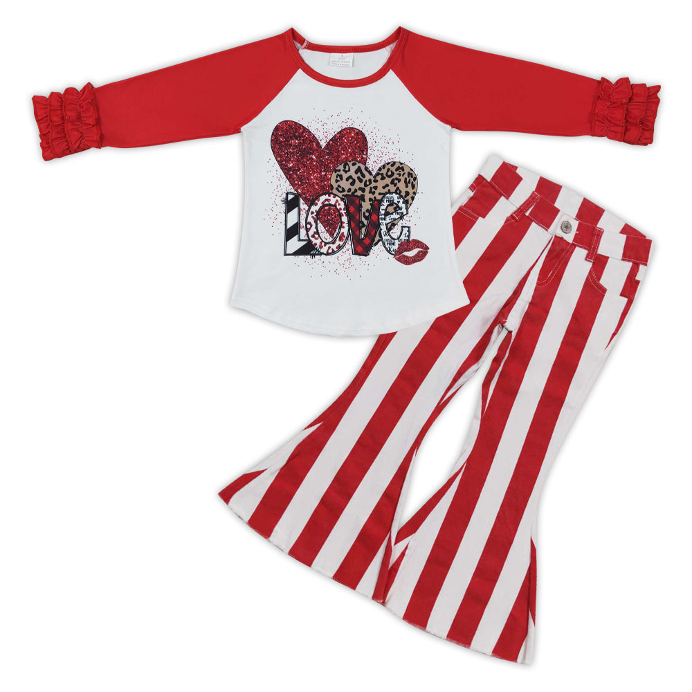GLPO0936 2Pcs Love Valentine Red Leopard Denim Girls Long Sleeve Bell Bottom Pants Outfits