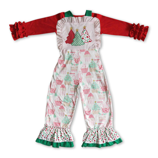 GLP0950 2pcs Red Christmas Green Tree Jumpsuit Overall Girls Long Sleeve Bell Bottom Pants Outfits