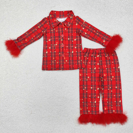 GLP0956 Red Plush Button Long Sleeve Pants Girls Pajamas Set RTS 202509