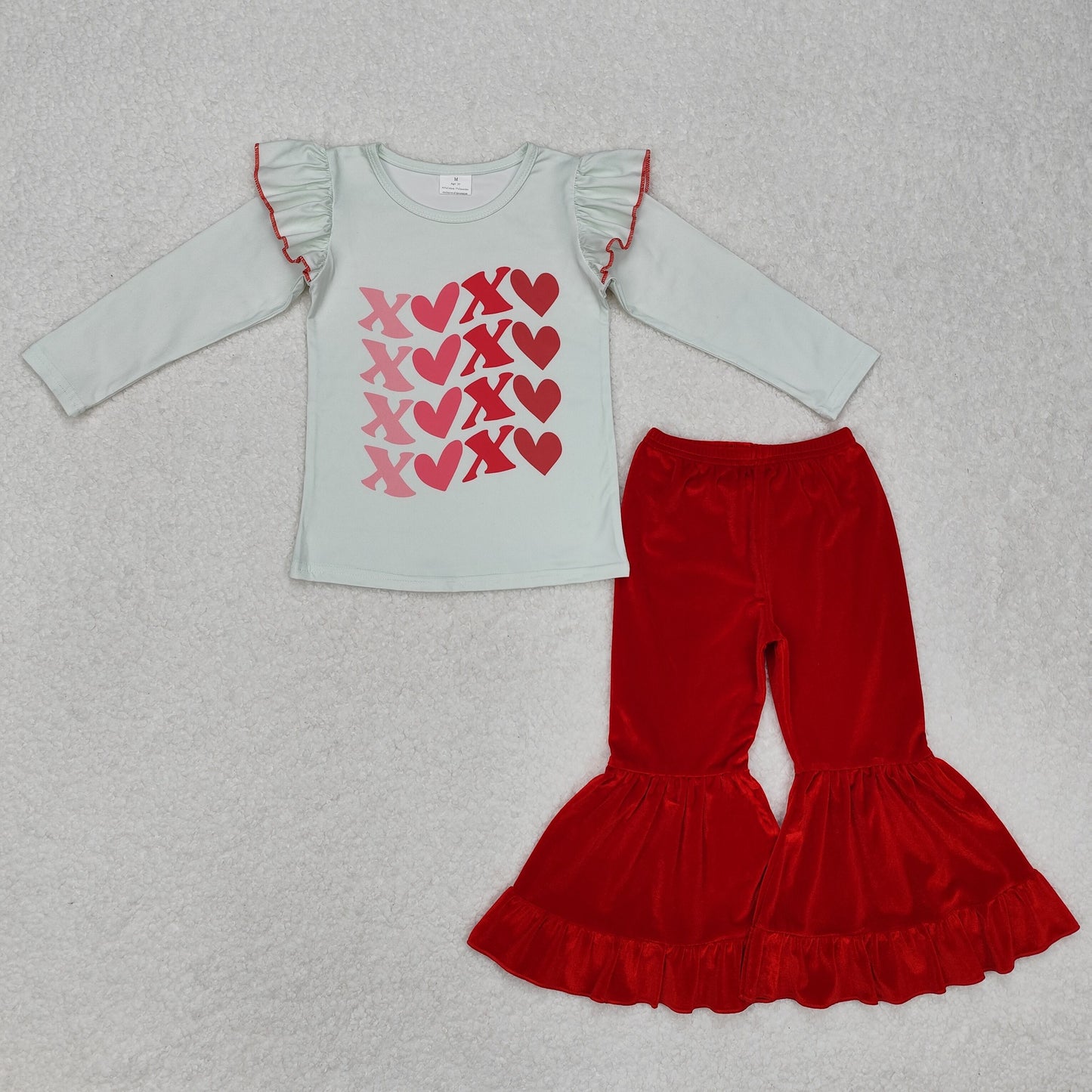 GLP1142 Valentines Boutique apparel Love Light Green Ruffle Long sleeve Top Red Velvet Bell Bottom Pants Girls Boutique outfits 202501 RTS
