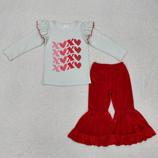 GLP1142 Valentines Boutique apparel Love Light Green Ruffle Long sleeve Top Red Velvet Bell Bottom Pants Girls Boutique outfits 202501 RTS