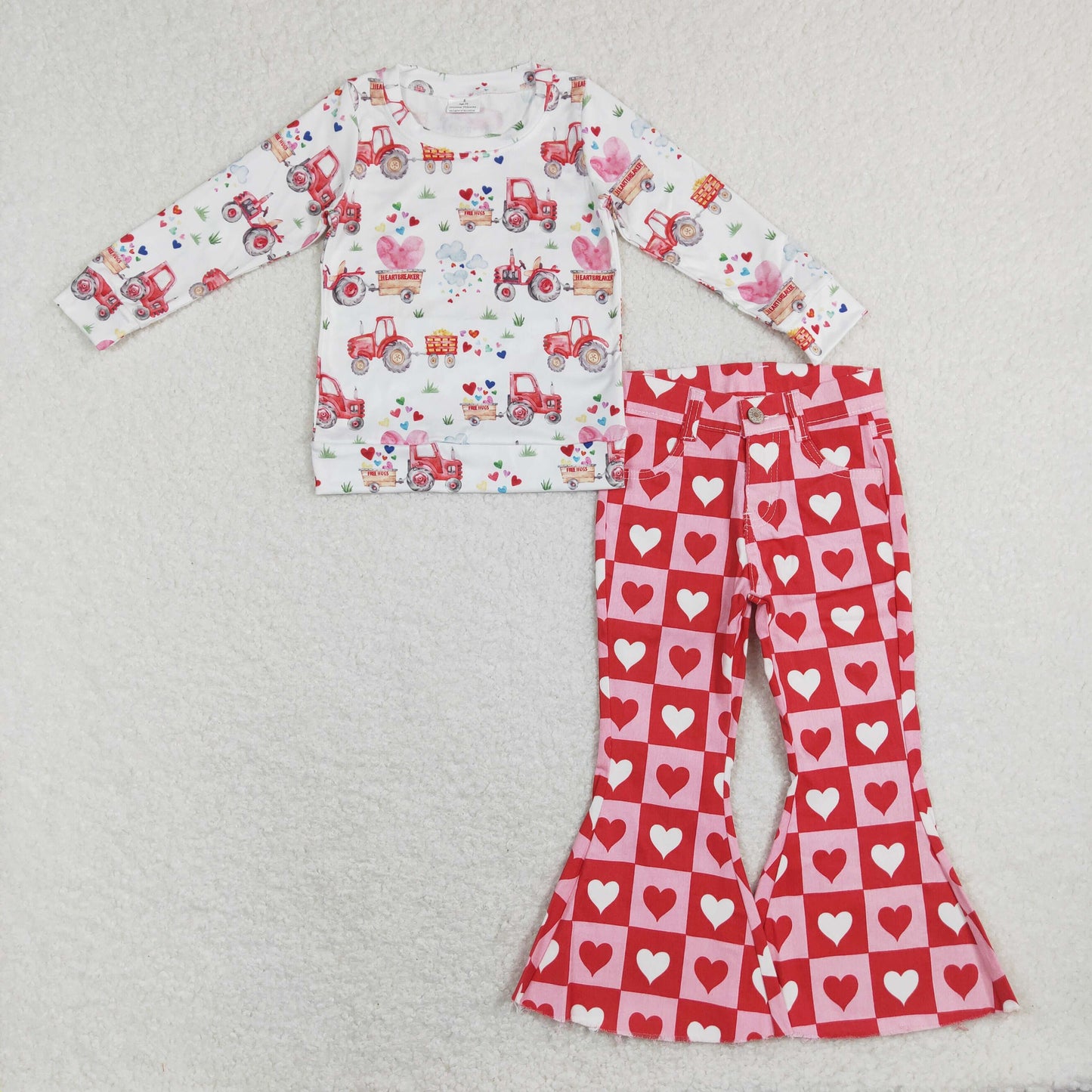 GLP1157 2Pcs Pink love Valentine Denim Girls Short Sleeve Bell Bottom Pants Outfits