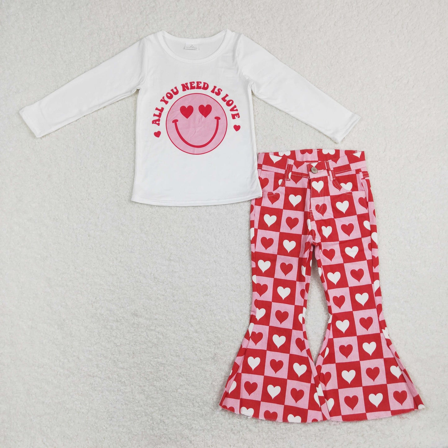 GLP1158 2Pcs Pink love Valentine Denim Girls Short Sleeve Bell Bottom Pants Outfits