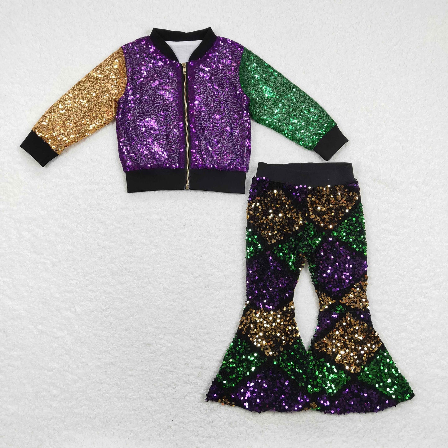 GLP1159 Mardi Gras Sequin clothing Purple Green Yellow long sleeve top bell bottom pants Girls Boutique outfits 202501