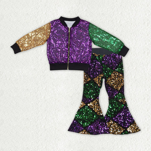 GLP1159 Mardi Gras Sequin clothing Purple Green Yellow long sleeve top bell bottom pants Girls Boutique outfits 202501