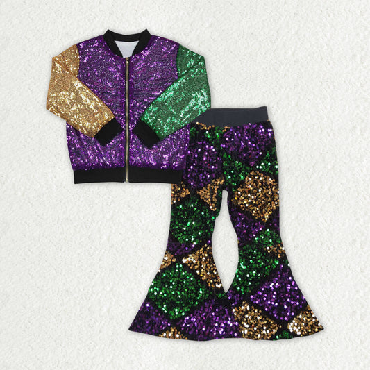 GLP1159 Mardi Gras Sequin clothing Purple Green Yellow long sleeve top bell bottom pants Girls Boutique outfits 202501