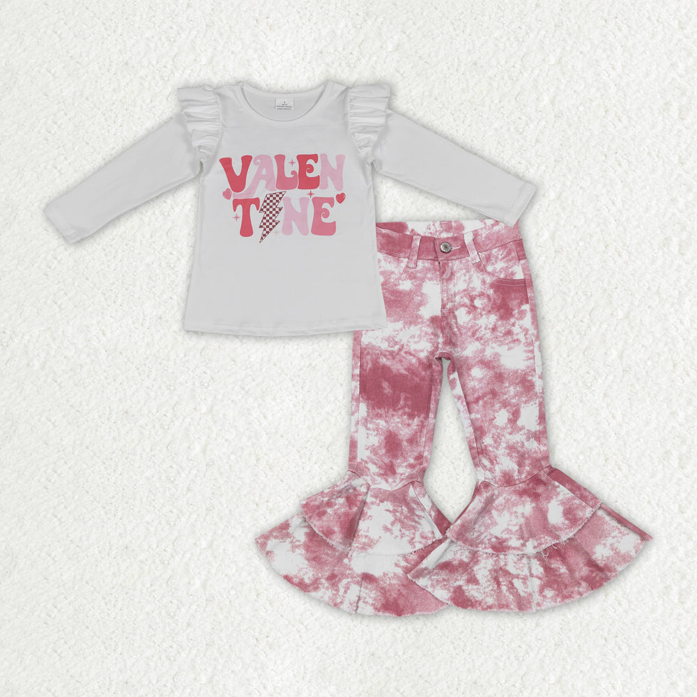 GLP1160 2Pcs valentine pink Denim Girls Long Sleeve Bell Bottom Pants Outfits