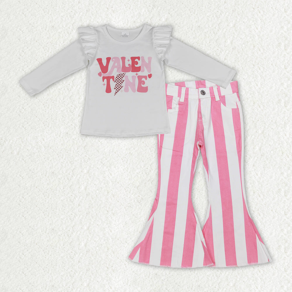 GLP1161 2Pcs valentine pink Denim Girls Long Sleeve Bell Bottom Pants Outfits