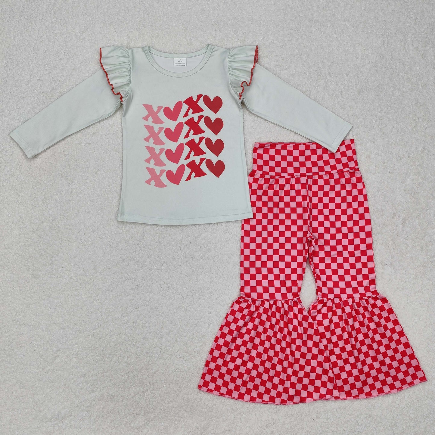 GLP1164 Valentines Boutique apparel Love Light Green Ruffle Long sleeve Top Pink Plaid Bell Bottom Pants Girls Boutique outfits 202501 RTS