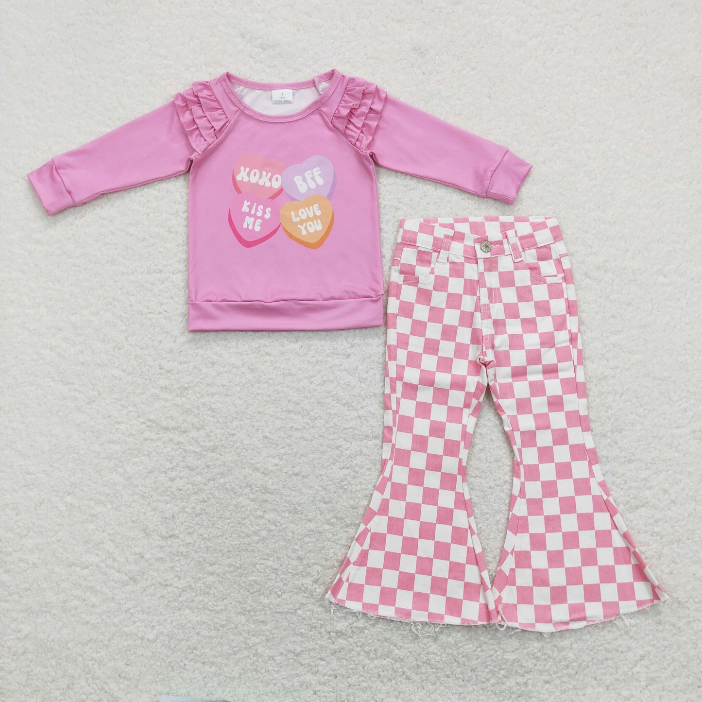 GLP1167 2Pcs valentine pink Denim Girls Long Sleeve Bell Bottom Pants Outfits