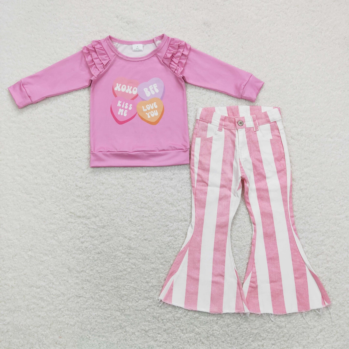 GLP1169 2Pcs valentine pink Denim Girls Long Sleeve Bell Bottom Pants Outfits