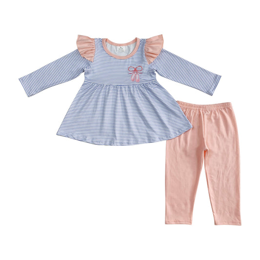 GLP1194 Light Orange Blue Striped Ruffle Embroidery Bow long sleeve top pants Baby girl Boutique Outfit RTS 202412