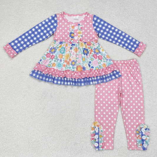 GLP1196 NO MOQ Floral polka Dot Pink lace Blue plaid long sleeve pantsuit