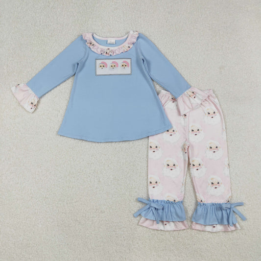 GLP1226 Embroidered Christmas Claus Ruffle Pink Blue Long Sleeve Pants Sets 202509 RTS Sibling
