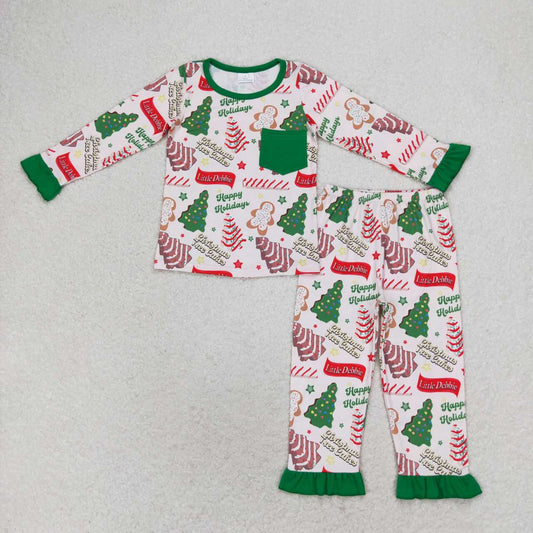GLP1229 happy holidays Christmas Tree cookies Green Pocket lace long sleeve trousers pajama set teen boys clothing sets