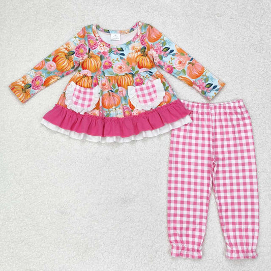 GLP1233 NO MOQ Pumpkin Flower Pink lace plaid pocket long sleeve pantsuit western clothes
