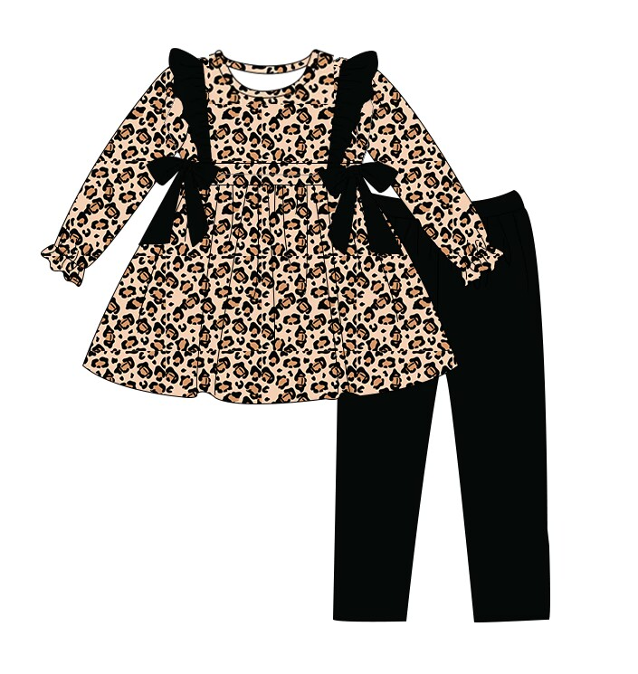 Preorder GLP1238 Leopard print black bow long sleeve pant suit
